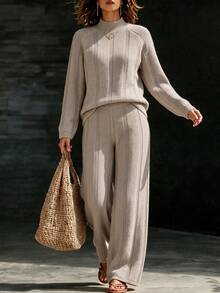 SHEIN Women's Autumn Winter Minimalist Elegant Beige Semi-High Neck Ribbed Knit Raglan Sleeve Sweater Wide Leg Pants 2 Pieces Set For Daily Commute, Casual - Apricot - View 4