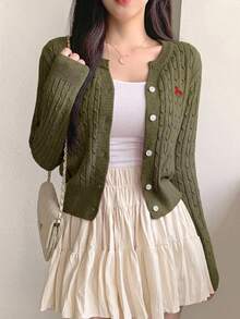 DAZY 女款刺繡時尚單排扣長袖麻花針織毛衣 秋季 - 綠色 - 查看 5