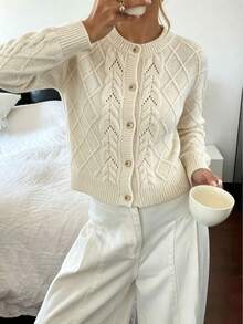 Autumina Apricot Round Neck Cable Knit Loose Casual Fashion Urban Modern Commute Minimalist Versatile Button-Up Cardigan For Women - Apricot - View 1