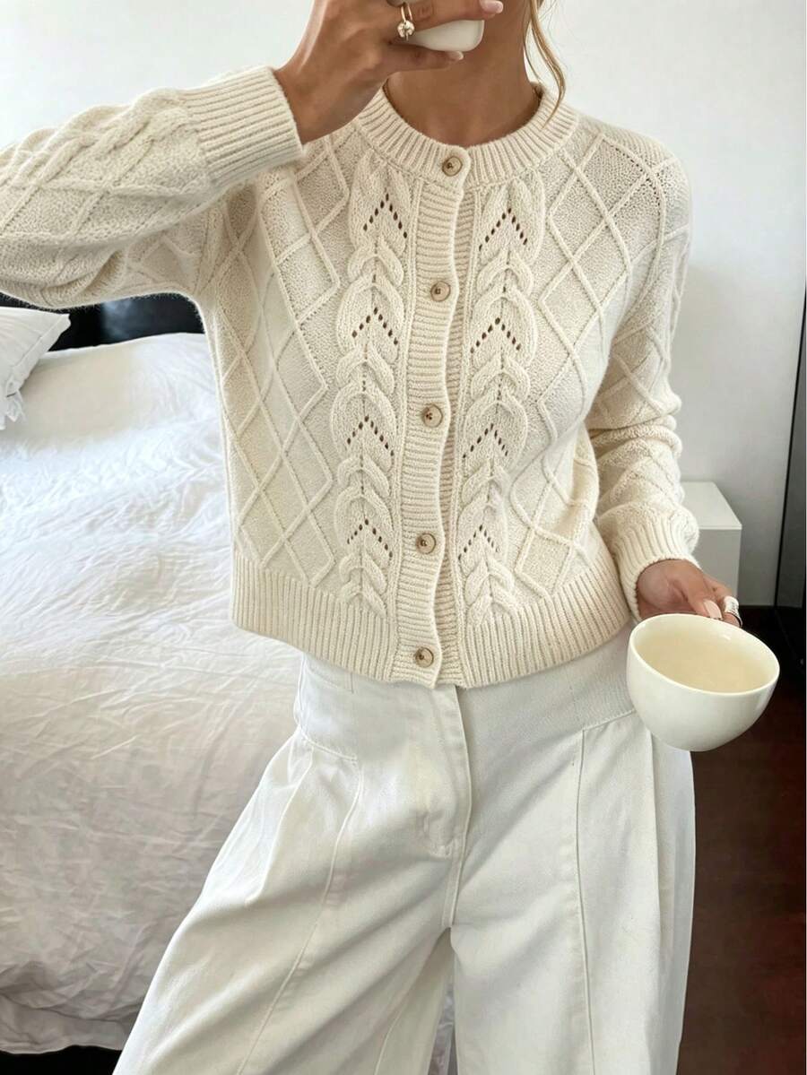 Autumina Apricot Round Neck Cable Knit Loose Casual Fashion Urban Modern Commute Minimalist Versatile Button-Up Cardigan For Women - Apricot - View 1