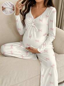 Slowluna 2件套孕妇舒适蝴蝶结印花V领上衣和裤子套装 - 彩色 - 查看 1
