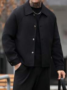 Manfinity CasualCool Men's Black Lapel Raglan Sleeve Single-Breasted Casual Minimalist Overcoat - Black - View 3