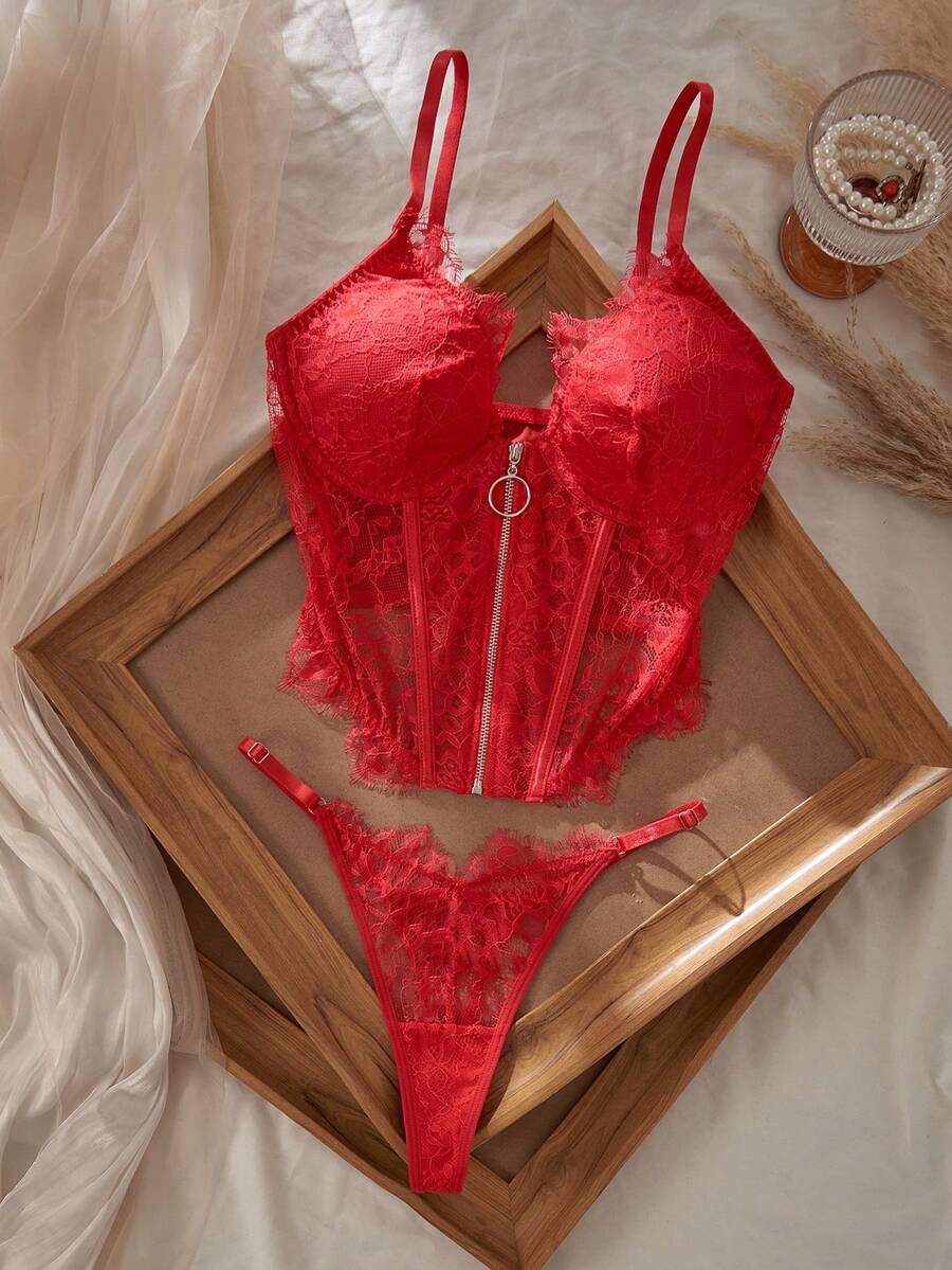 SHEIN Classic Eyelash Lace Patchwork + Underwire + Zipper Decor + T-Back Panty Sexy Lingerie Set 2pcs - Red - View 1