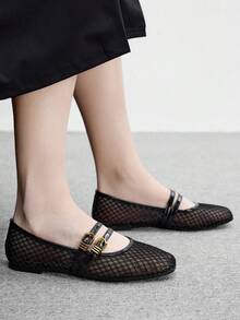 CUCCOO BIZCHIC Women's Black Mesh Mary Jane Flats, Square Toe With Double Adjustable Gold Buckle Straps Fall Shoes - Black - View 7