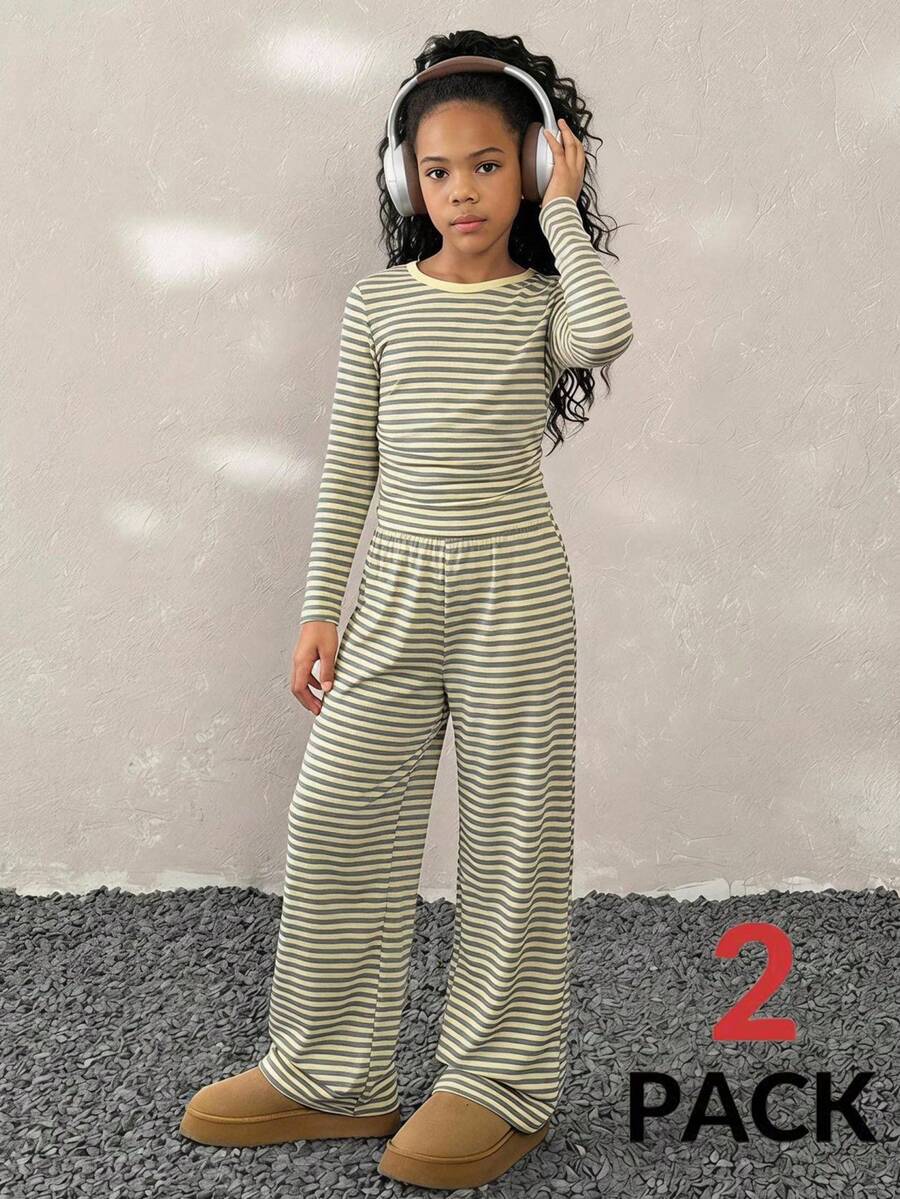 Setelan Anak Perempuan Remaja Motif Garis-garis, Kuning Abu-abu Dua Potong, Atasan Lengan Panjang dan Celana Panjang, Kasual - Kuning - View 1
