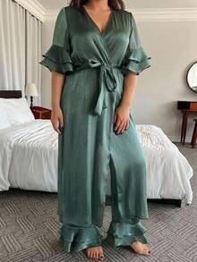 Dazy Plus Solid Color Chiffon Crinkled Long Robe & Pants 2-Piece Set, Green Loungewear Pajama Set For Spring, Summer, Autumn - Dark Green - View 4