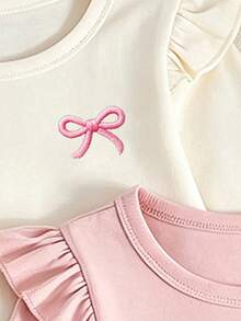 3PCS Baby Girls Bow Printed Flutter Sleeves Tops - Multicolor - View 5