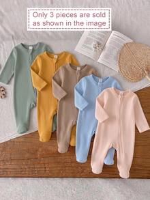 3pcs Newborn Textured Fabric Footed Rompers, Solid Color Zipper Long Sleeve Bodysuits, Minimalist Solid Color Baby Crawl Suits, Round Neck Long Sleeve, Suitable For Home And Outings - Multicolor - View 1
