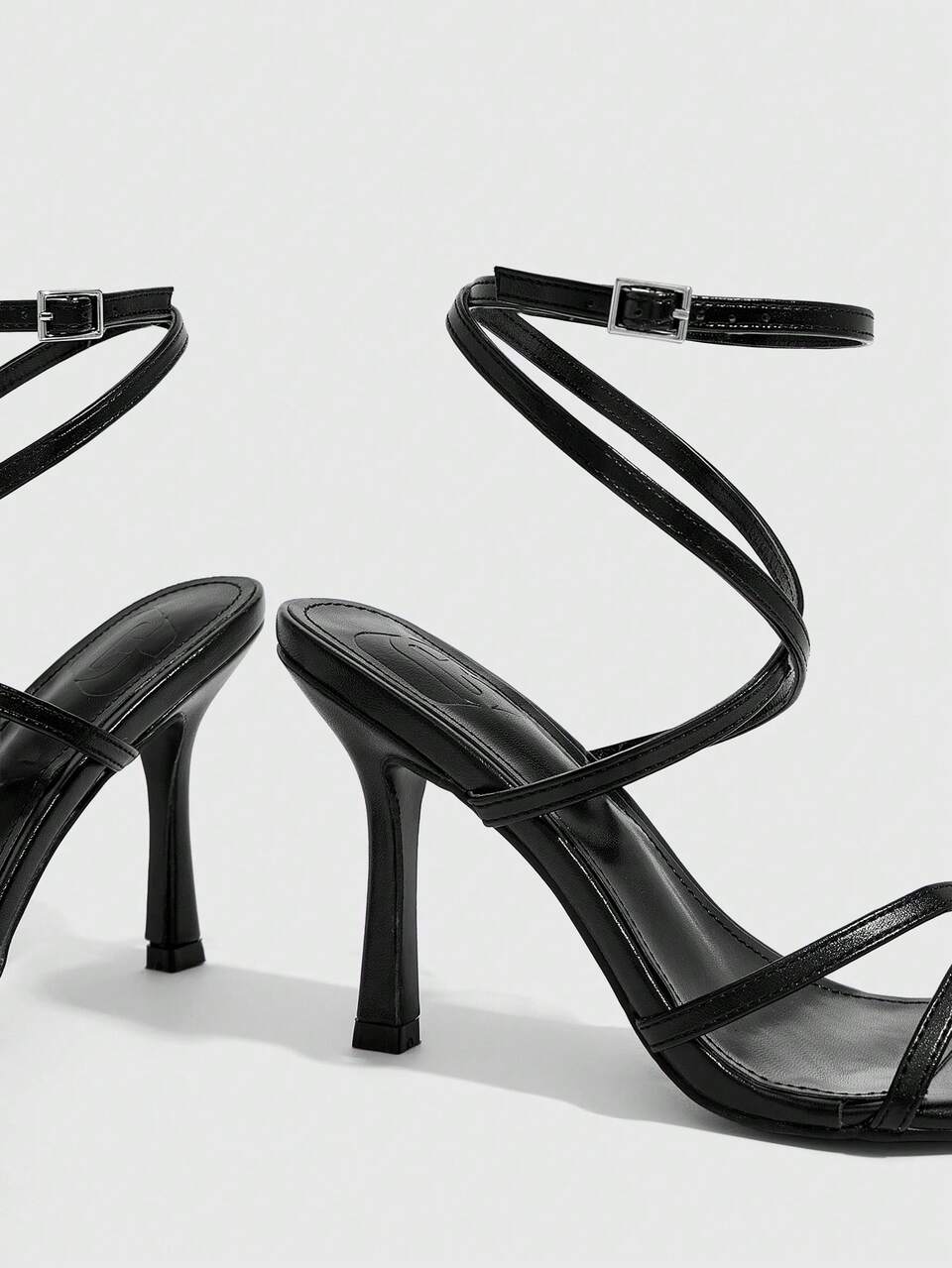 CUCCOO SZL Women's Stylish Black Strappy Stiletto Heeled Sandals With Ankle Wrap For Elegant Evenings