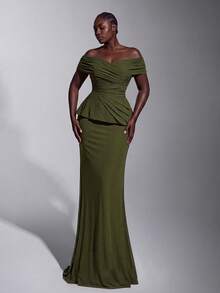 Elitara Plus Size Elegant Luxurious Glamorous Off-Shoulder Elastic Knit Mesh Ruched Fishtail Dress For Wedding Event Evening Party - Green - View 3