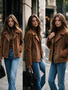 SHEIN Autumn/Winter Shades Of Brown Matte Suede Texture Notch Lapel Single-Breasted Loose Long Sleeve Casual Jacket, Minimalist Commuter Style Daily Wear - Coffee Brown - View 9