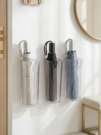 Haus Hana No Drill Wall-Mounted Umbrella Storage Holder, Multi-Purpose Long Tube Organizer For Kitchen, Fridge, Entryway, Clear Ribbed Plastic Caddy, Space-Saving Storage Bin For Utensils, Chopsticks, Plastic Bags, Disposable Supplies, Foldable Umbrellas