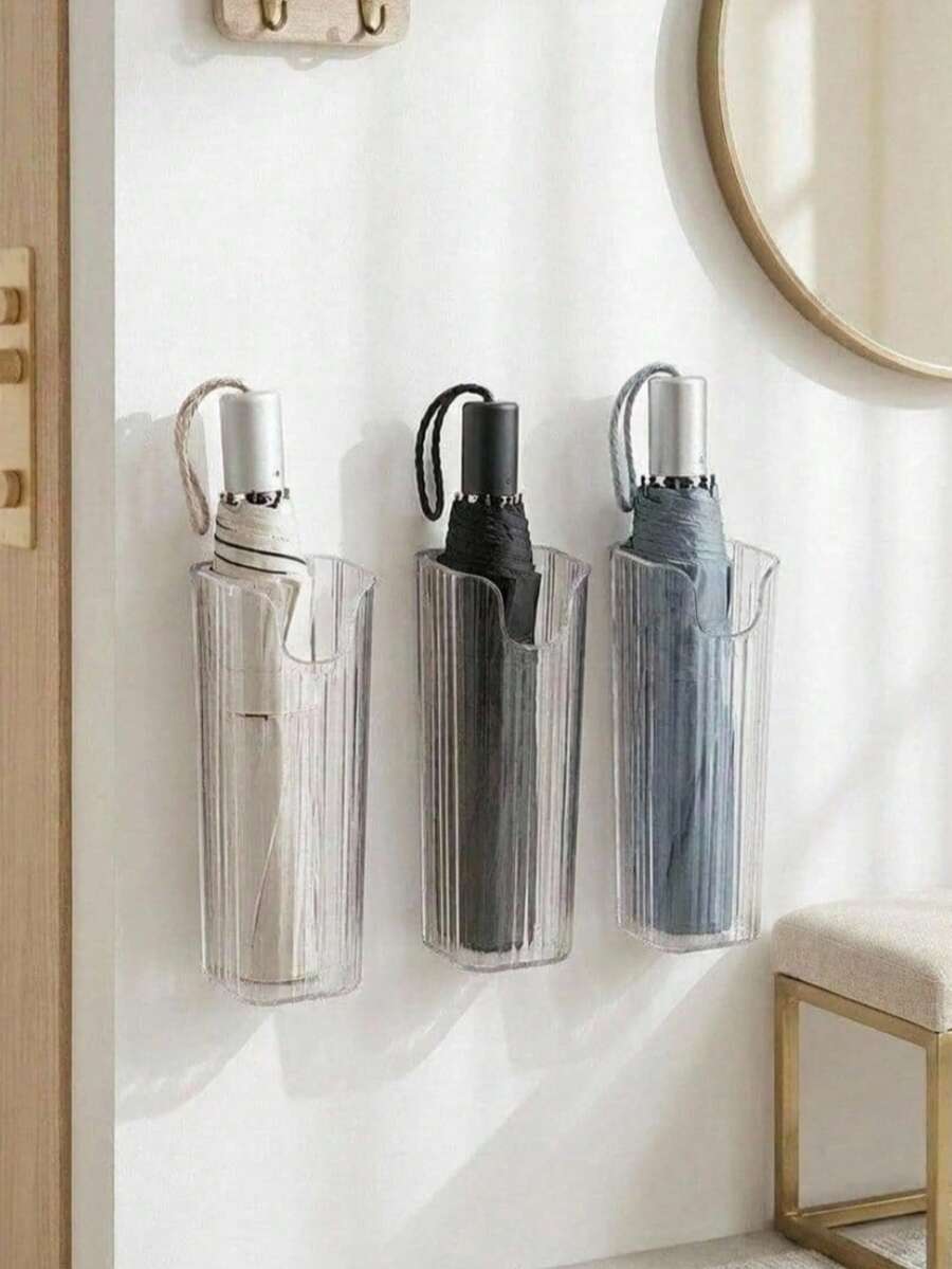 Haus Hana No Drill Wall-Mounted Umbrella Storage Holder, Multi-Purpose Long Tube Organizer For Kitchen, Fridge, Entryway, Clear Ribbed Plastic Caddy, Space-Saving Storage Bin For Utensils, Chopsticks, Plastic Bags, Disposable Supplies, Foldable Umbrellas - Multicolor - View 1