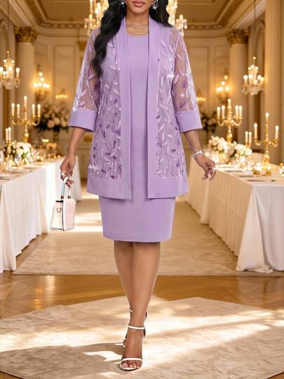 Fleurora Women's Solid Color Dress And Mesh Cardigan Fashion 2 Pieces Set Wedding Garden Party Bachelorette Party Slumber Party Lavender Autumn Elegant Wedding