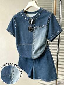 SHEIN 青少年女孩休閒復古時尚個性化短袖T恤與短褲2件套，適合日常、街頭、校園、外出穿著 - 彩色 - 查看 1