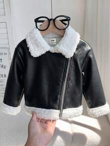 SHEIN 女嬰秋冬可愛百搭拼色保暖內裡人造毛外套 - 黑色 - 查看 4