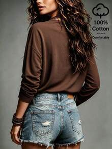 SHEIN Vintage Coffee Brown Micro-Crinkled Texture Fabric Deep Draped Neck Multi-Layer Draped Ruffle Loose Straight Fit 3/4 Sleeve Side-Gathered Solid Color Top - Coffee Brown - View 2