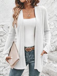 EMERY ROSE Cardigan de punto acanalado casual para mujer con ajuste regular & frente abierto en otoño/invierno - Blanco - Ver 4