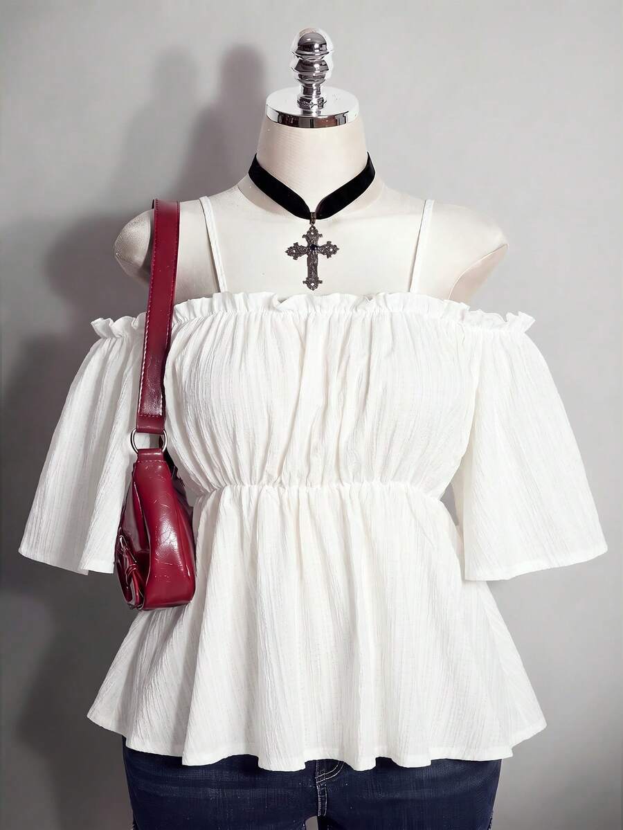 SHEIN ICON Top Babydoll de Talla Grande unicolor con Hombros Descubiertos y Tirantes de Espagueti - Blanco - Ver 1