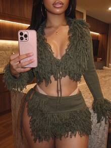 Slaydiva Women Army Green Fringe Knit Two Piece Set V‑Neck Cropped Cardigan Drawstring Mini Skirt Matching Outfit Club Party Holiday Tassel Matching Going‑Out - Army Green - View 8