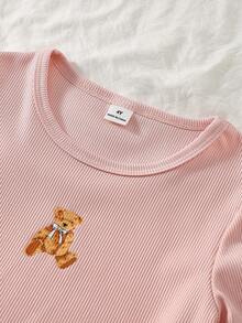 Girls Toddler Bear Print Pink Ribbed Long Sleeve Pants Pajama Set Pull Loungewear Autumn/Winter Festival Outfits - Baby Pink - View 5