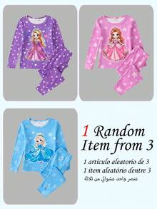 Random 1 Set Girls' Slim Fit Fluorescent Glow-In-The-Dark Little Princess Star Print Long Sleeve Long Pants Pajama Set Homewear - Multicolor - View 6