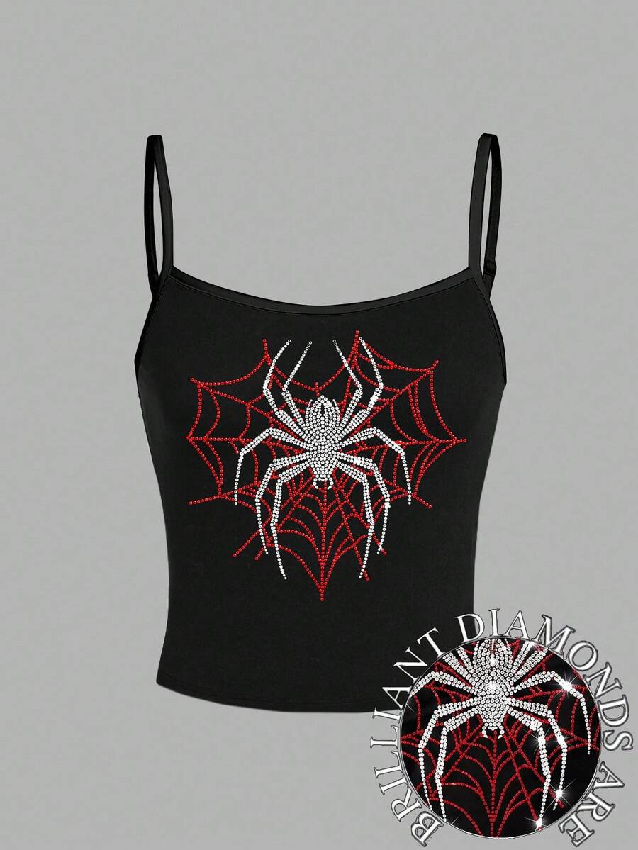 SHEIN EZwear Áo thun graphic cơ bản họa tiết nhện mạng nhện đính đá rhinestone phong cách Halloween Goth Y2K - màu đen - Xem 1