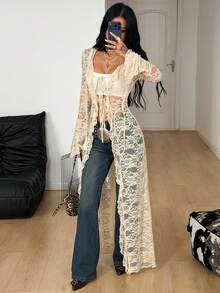 Coolane Women's Fall Streetwear Casual Party Night Beach Vacation Music Festival Lace Straps And Ruffled Ribbons For Hot Girl Style Beige Long Cover-Up - Apricot - View 3