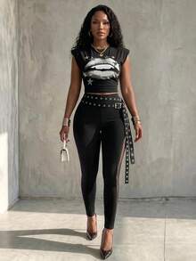 Eryvara Women's New Double Layer Waist Ring Tie Leggings, Side Slit Mesh Patchwork Slim Fit Long Pants - Black - View 5