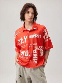 Vaulklash Men's Loose Cut-Off Text Print Shirt, Couple Matching Style, Suitable For Summer Red Graphic Shirt Men S Cropped Graphic Shirts - Red - View 5