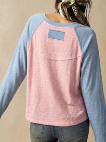 Bohemela Women's Colorblock Raglan Long Sleeve Crew Neck Casual T-Shirt - Pink - View 4