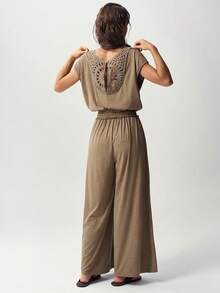 Bohemela Women's Solid Color Back Cutout Design Wide Leg Casual Jumpsuit - Khaki - View 7