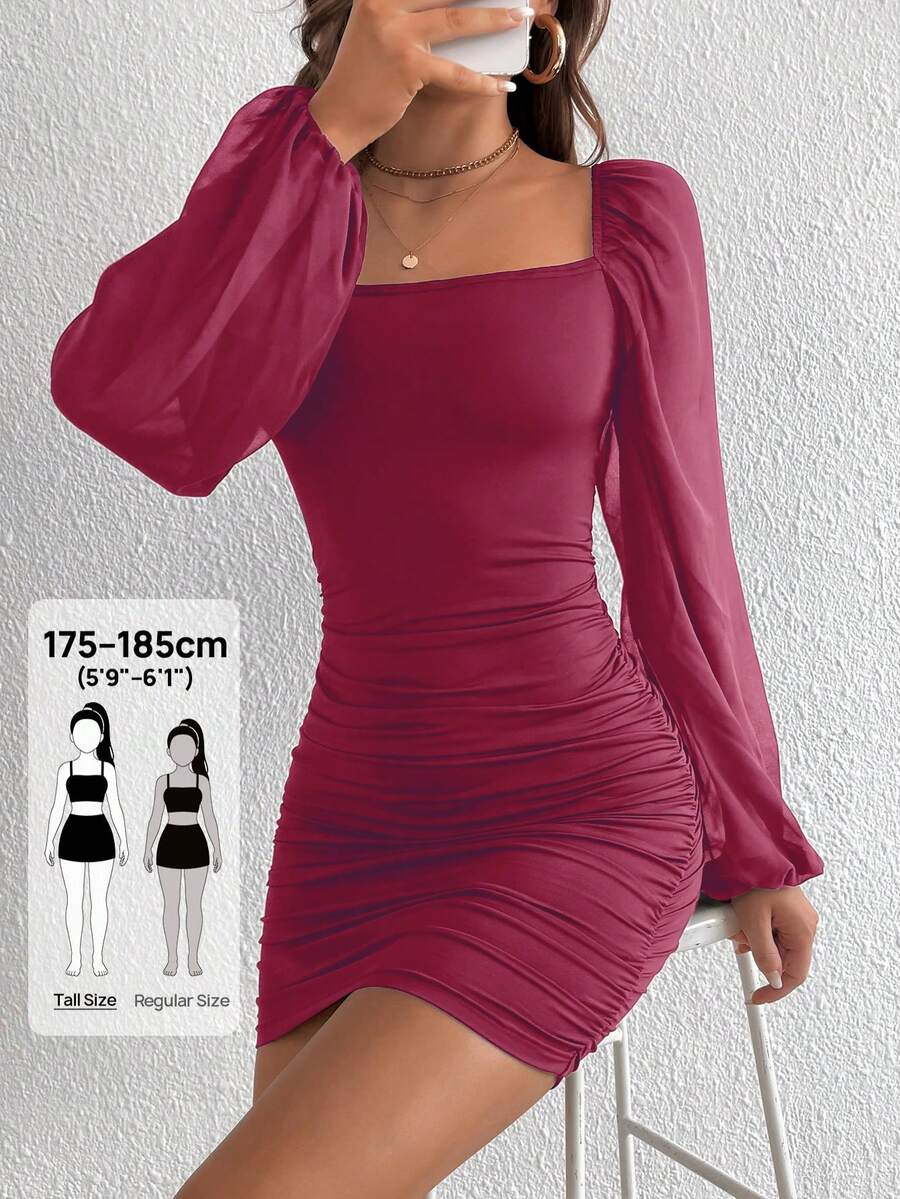 SHEIN Tall Tall Square Neck Lantern Sleeve Ruched Side Bodycon Dress,Business Casual Woman,Autumn/Winter,Tall Women - Red - View 1