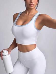 Easithlete Women's Trimmed Cropped Tank Top For Daily Wear And Fitness Modest Sporty Workout Gym Blue And White Summer - White - View 7