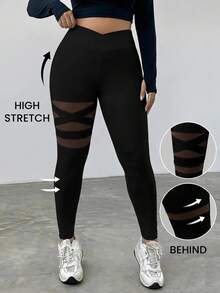 SHEIN EZwear 大尺碼休閒百搭網格拼接內搭褲 - 黑色 - 查看 7