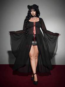 Whyspr Kemeja Panjang Gaya Gothic Halloween Seksi Leher V Ukuran Besar dengan Blok Warna dan Tali Tipis - Hitam - View 2