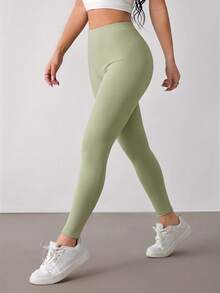 SHEIN PETITE Women's Solid Color High Waist Casual Versatile Leggings - Olive Green - View 1