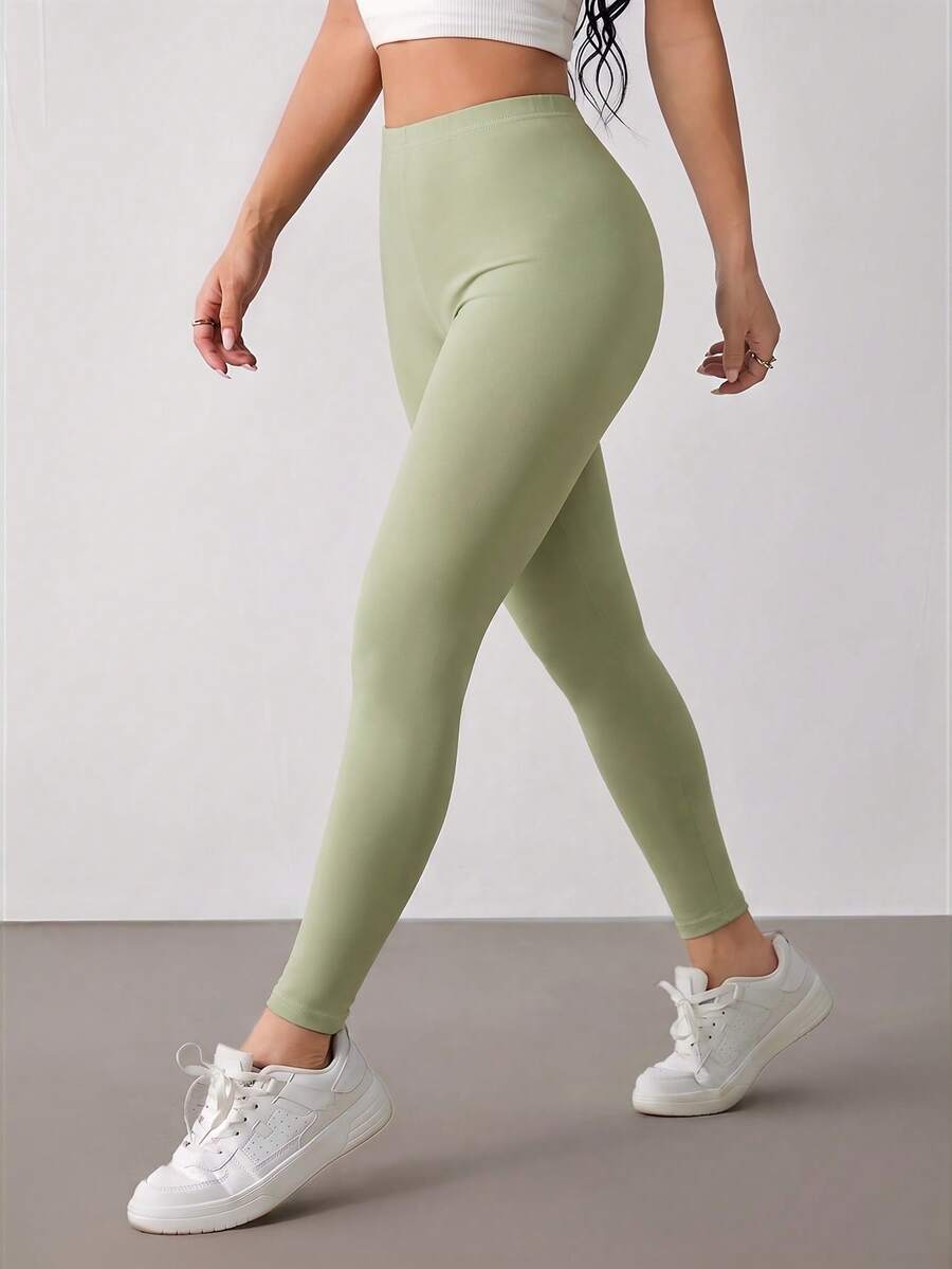 SHEIN PETITE Women's Solid Color High Waist Casual Versatile Leggings - Olive Green - View 1