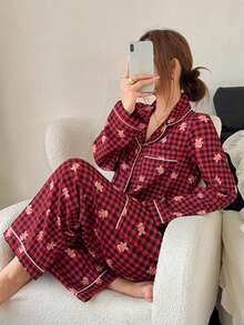 Napfluff Women's Bubble Crinkle Christmas Pattern Printed Long Sleeve Long Pants Plaid Pajama Set - black red - View 6