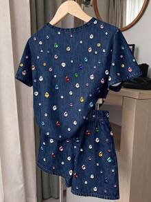 Baby Girl Colorful Rhinestone Decor Short Sleeve T-Shirt And Shorts Casual Daily Outfit - Multicolor - View 2