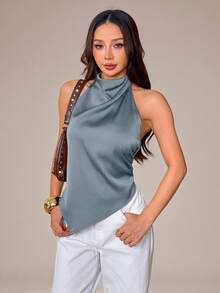 SHEIN PETITE Blus Wanita Seksi Tanpa Punggung dengan Leher Halter, Elegan untuk Pesta, Perjalanan, dan Liburan, Musim Panas - Dusty Blue - View 3