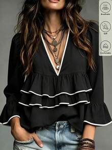 SHEIN Women's Piped Deep V-Neck Long Sleeve Multi-Layer Ruffle Fashion Blouse - Black - View 1