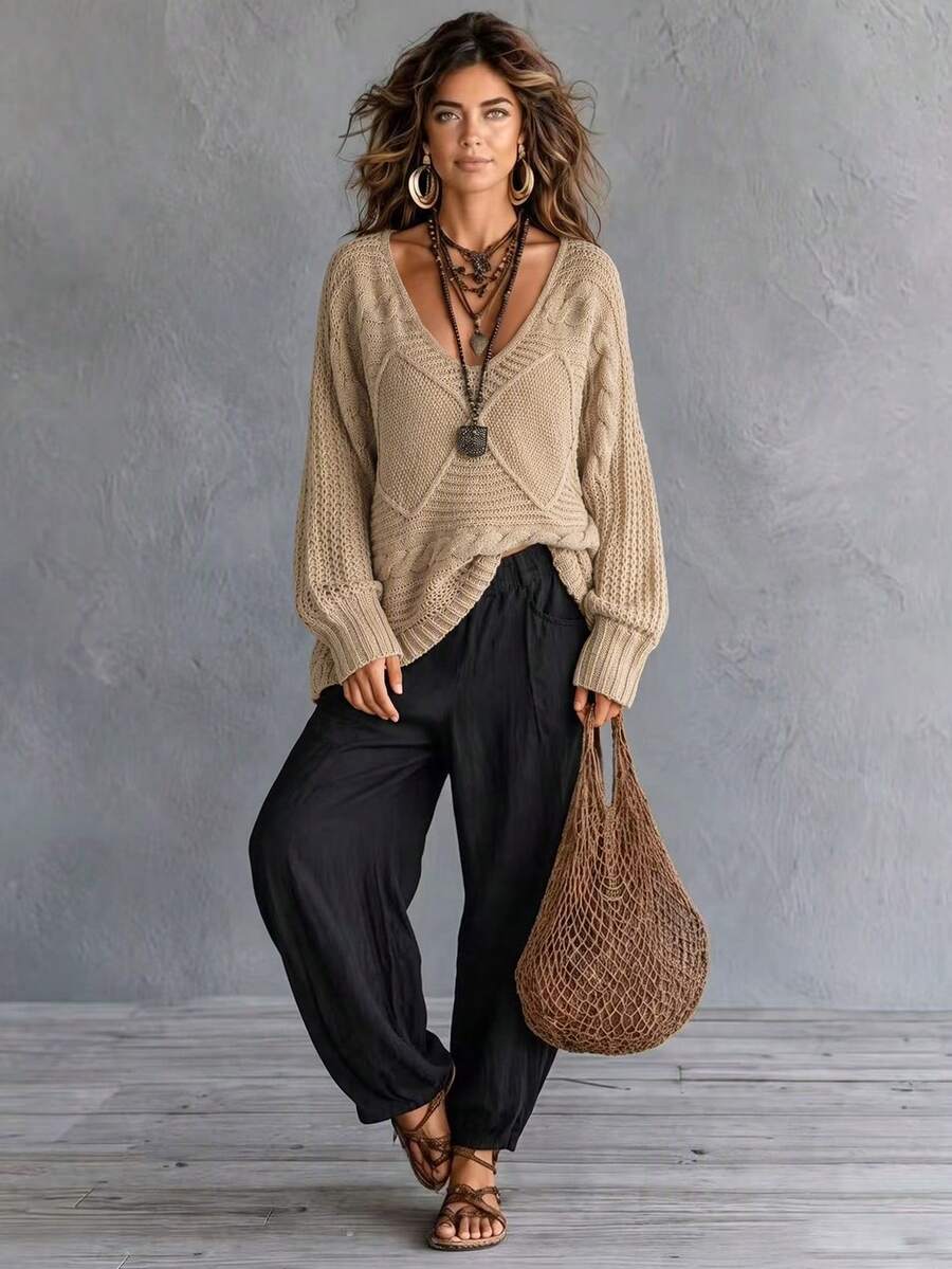 SHEIN New Women's V-Neck Pullover Sweater For Fall & Winter. Crafted With Three-Dimensional Patterns And Relaxed Drop Shoulders, This Khaki Knit Top Is Versatile - Camel - View 1