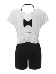 SHEIN Sports 3-Piece Set Halter Top, Base Layer, Shorts, Pullover Top, Casual Minimalist Women's Sports Outfit - Black and White - View 7