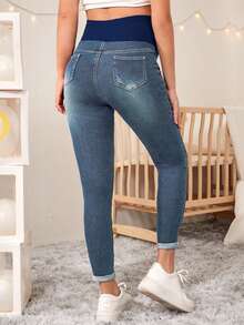 SHEIN 孕婦休閒水洗修身牛仔褲 - 深色水洗藍 - 查看 2