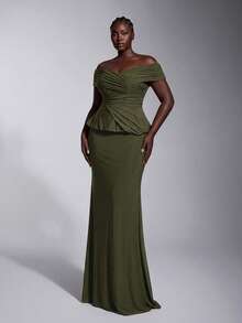 Elitara Plus Size Elegant Luxurious Glamorous Off-Shoulder Elastic Knit Mesh Ruched Fishtail Dress For Wedding Event Evening Party - Green - View 4