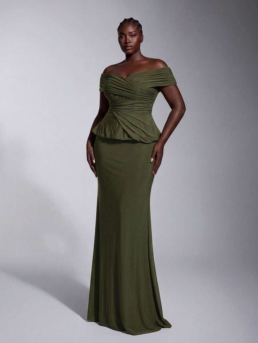 Elitara Plus Size Elegant Luxurious Glamorous Off-Shoulder Elastic Knit Mesh Ruched Fishtail Dress For Wedding Event Evening Party - Green - View 1