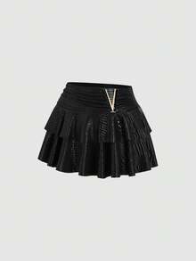 Sweetra Women's Black Sweet & Spicy Ruched Waist Slim Fit Double Layer Ruffle Hem Mini Skirt - Black - View 6