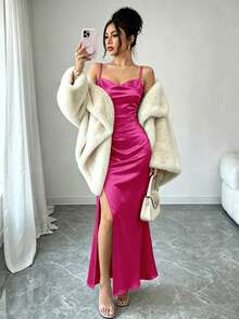 Elenzga Vestido largo elegante para mujer de unicolor con hombros descubiertos, fruncido y abertura lateral en el bajo - Rosa Fucsia - Ver 3