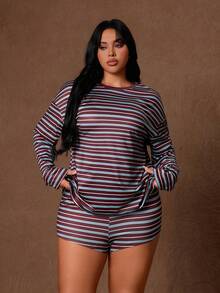 Rustia Summer New Round Neck Striped Loose Casual Long Sleeve T-Shirt And Drawstring Shorts Set Plus Size 2-Piece Fall - Multicolor - View 5